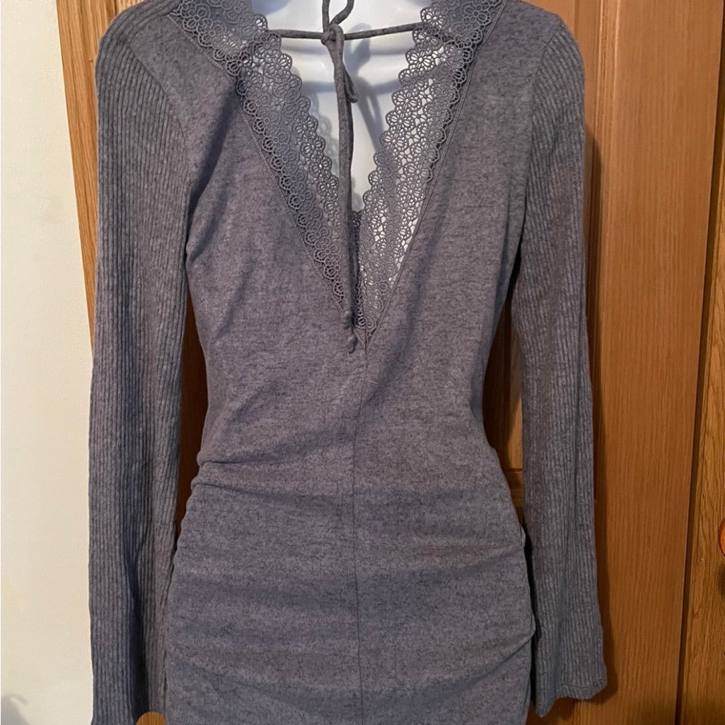 A. Byer Gray Lace V-Neck Tunic
